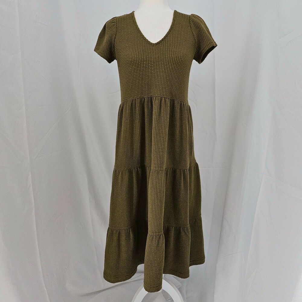 Madewell Olive Green Waffle Knit Tiered Short Sleeve Midi Dress V-neck Boho XXS